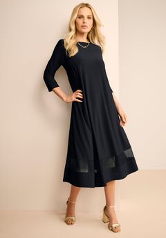 Plus Size 3/4 Sleeve Mesh Inset Boatneck Dress