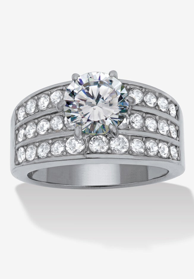 3.18 Tcw Round Cz Stainless Steel Three Row Pave Engagement Ring, SILVER, hi-res image number null