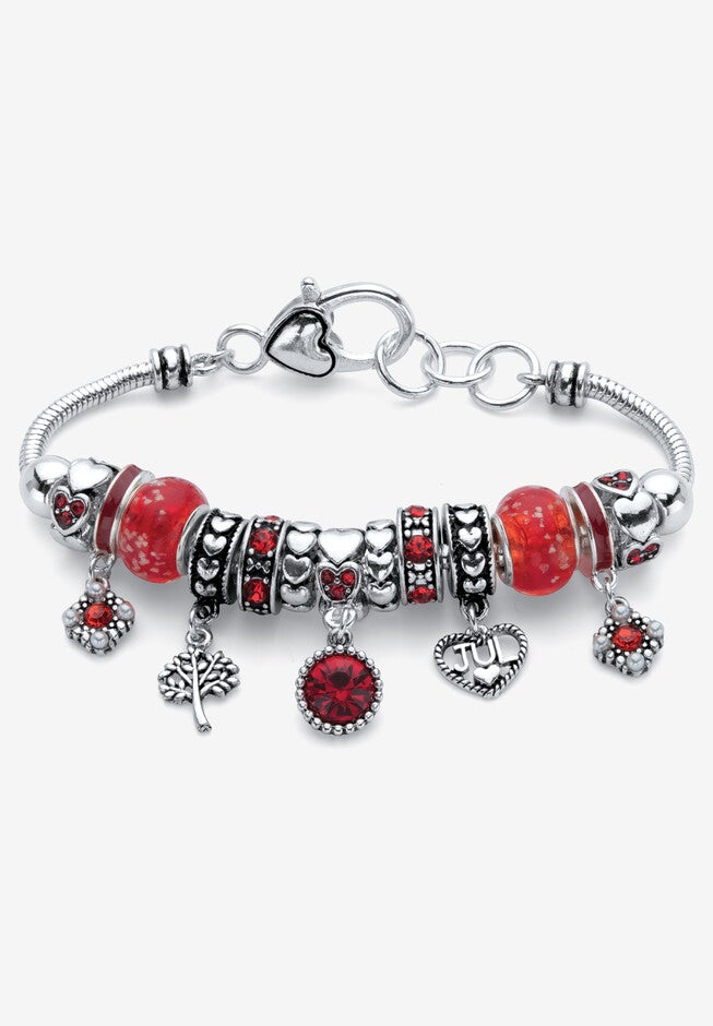 Antiqued Silvertone Simulated Birthstone 8 inches Charm Bracelet, JULY, hi-res image number 0