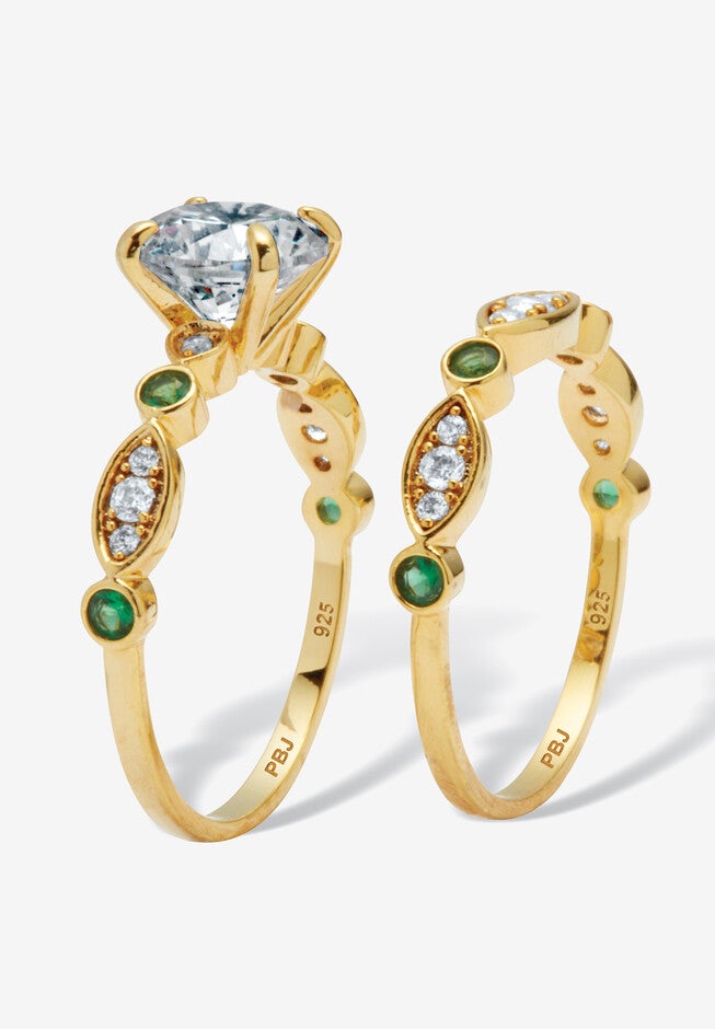 2.52 Tcw White And Green Cubic Zirconia 14K Gold-Plated Silver Bridal Ring Set, , on-hover image number 1