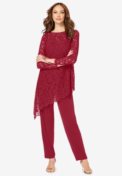 Extended Plus Size Asymmetrical Lace Pant Set –Long Sleeve Lace Scalloped Tunic & Elastic Waist Pant