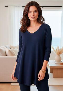 Plus Size Knit Thermal V Neck Swing Tunic – Long Sleeve