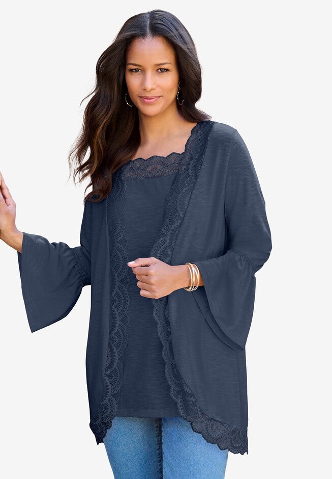 Fashionable LaceDetailed Cardigan and Tank Set, Navy Roaman's