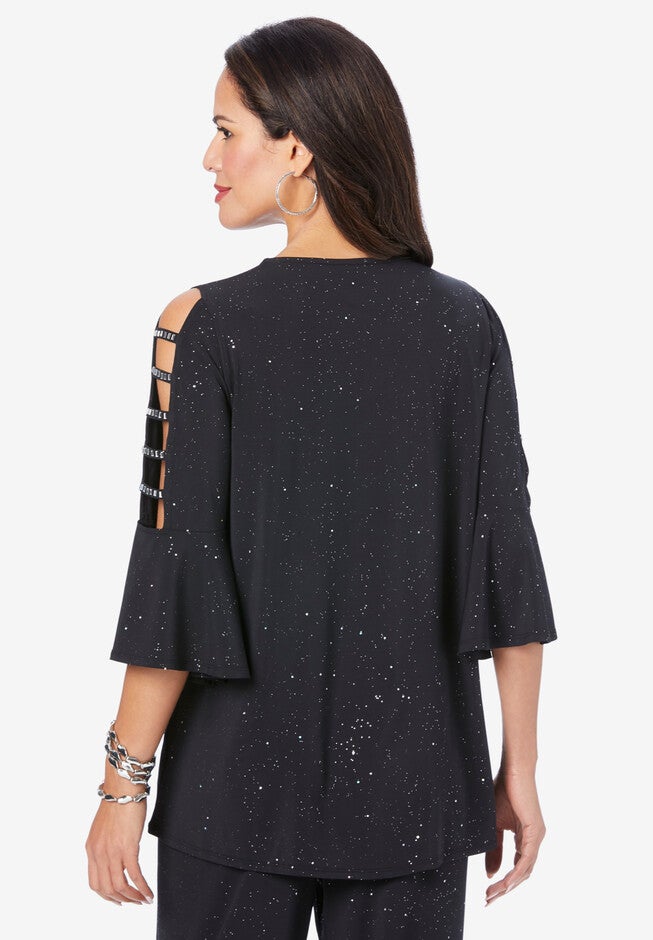 Embellished Lattice-Sleeve Ultrasmooth® Fabric Top, , on-hover image number 1