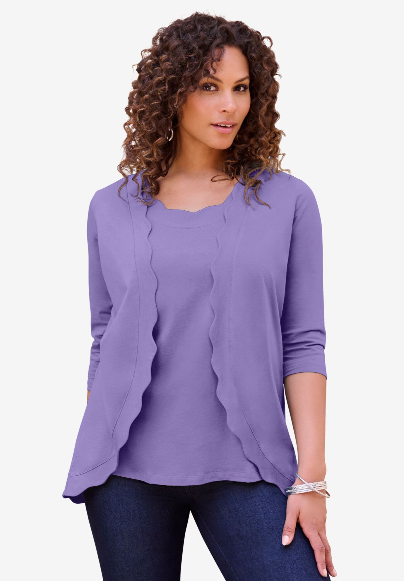 Scalloped Cardigan and Tank Set, VINTAGE LAVENDER, hi-res image number 0