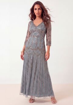 Plus Size Beaded V-Neck 3/4 Sleeve Sleeve Maxi Gown