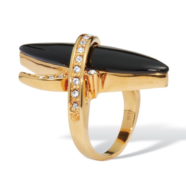 14k Gold-Plated Wrapped Marquise Onyx and Crystal Ring, BLACK, on-hover image number 1