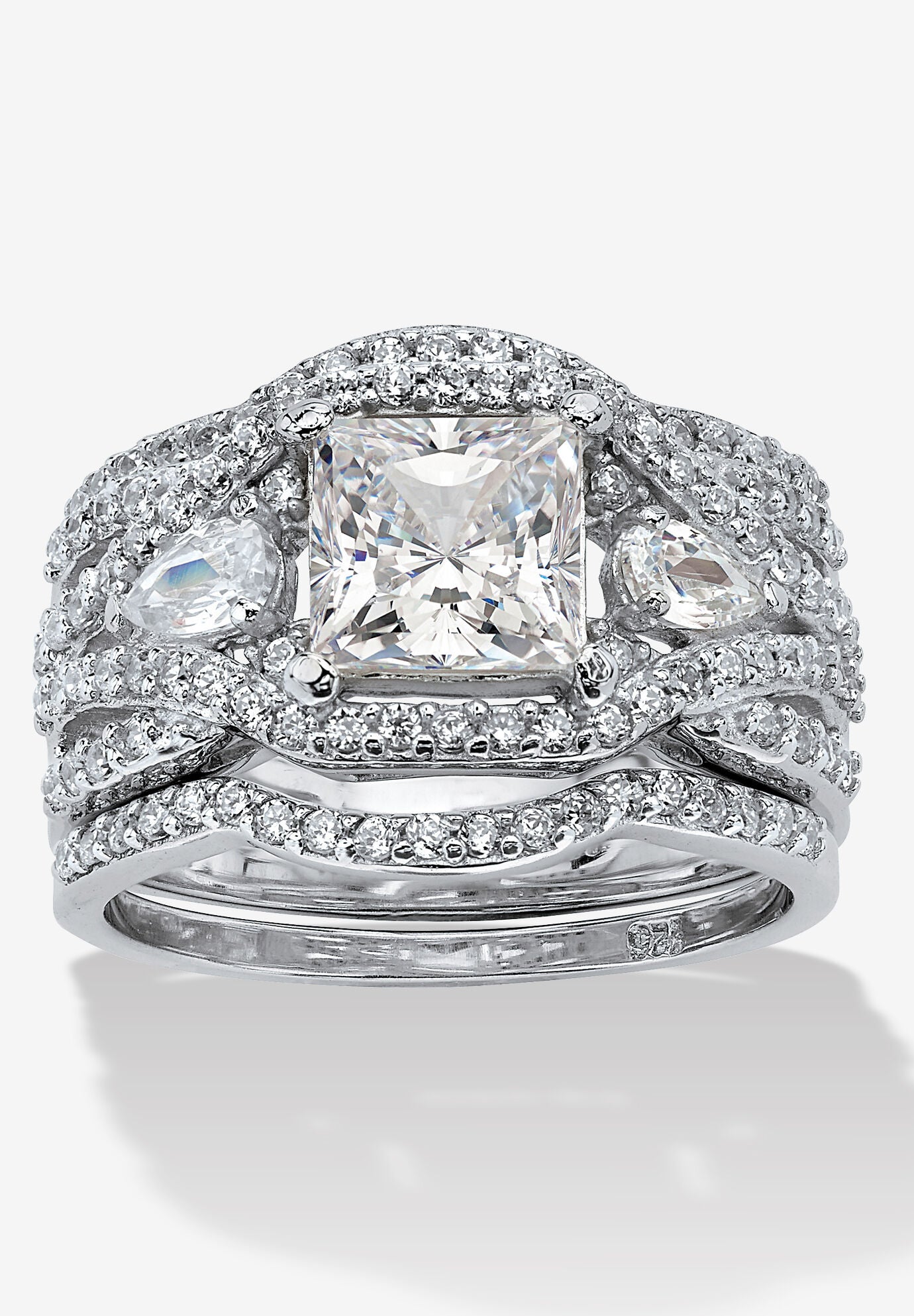 2.82 Tcw Cz Platinum-Plated Sterling Silver 3-Piece Highway Bridal Ring Set, SILVER, hi-res image number 0