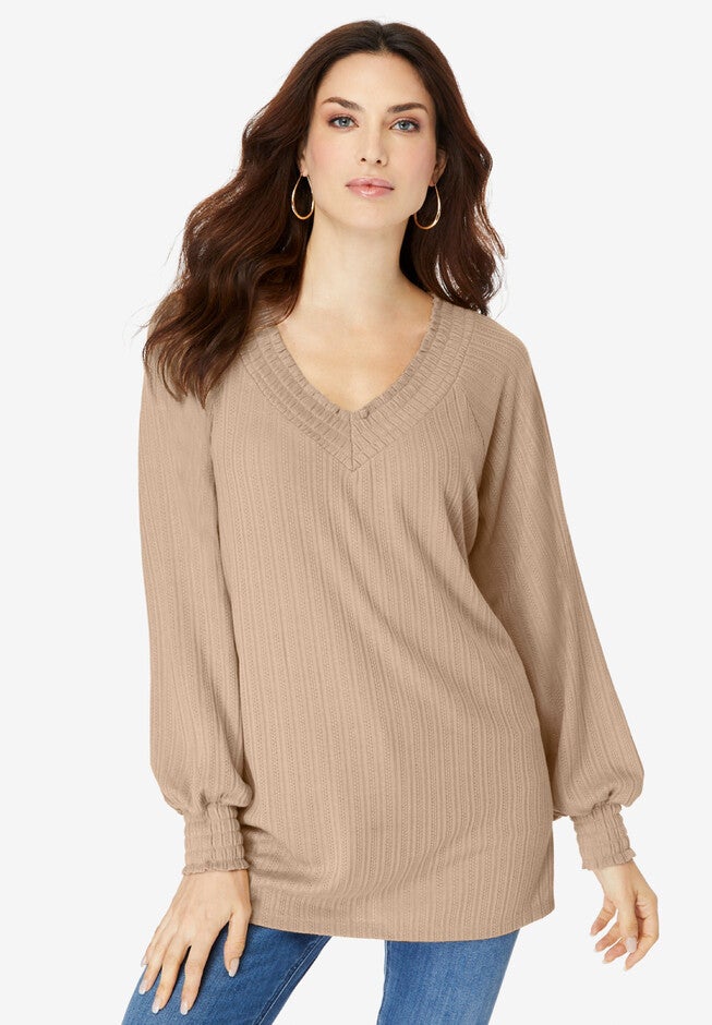 Smocked Pointelle Top, NEW KHAKI, hi-res image number 0
