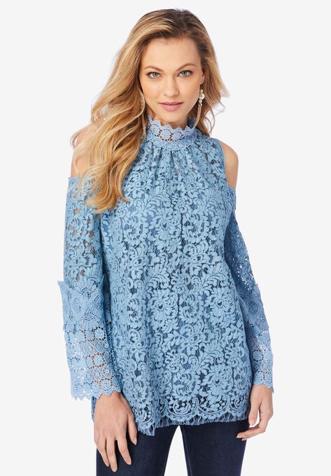 Lace Cold-Shoulder Top, SOFT SKY, hi-res image number null