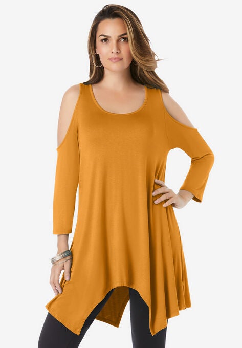 Cold-Shoulder Hanky Hem Ultra Femme Tunic, RICH GOLD, hi-res image number null