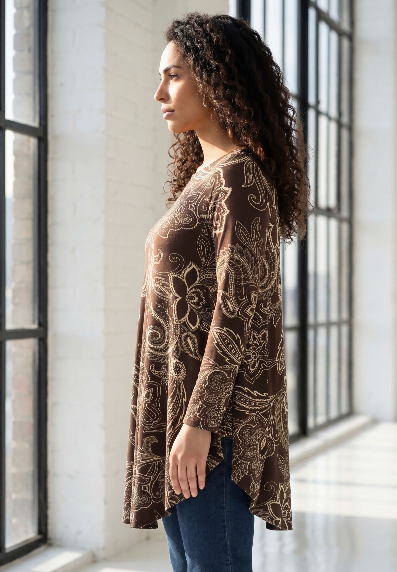 Plus Size Boatneck Swing Ultra Drape Tunic Top, CHOCOLATE PAISLEY STENCIL, alternate image number 2