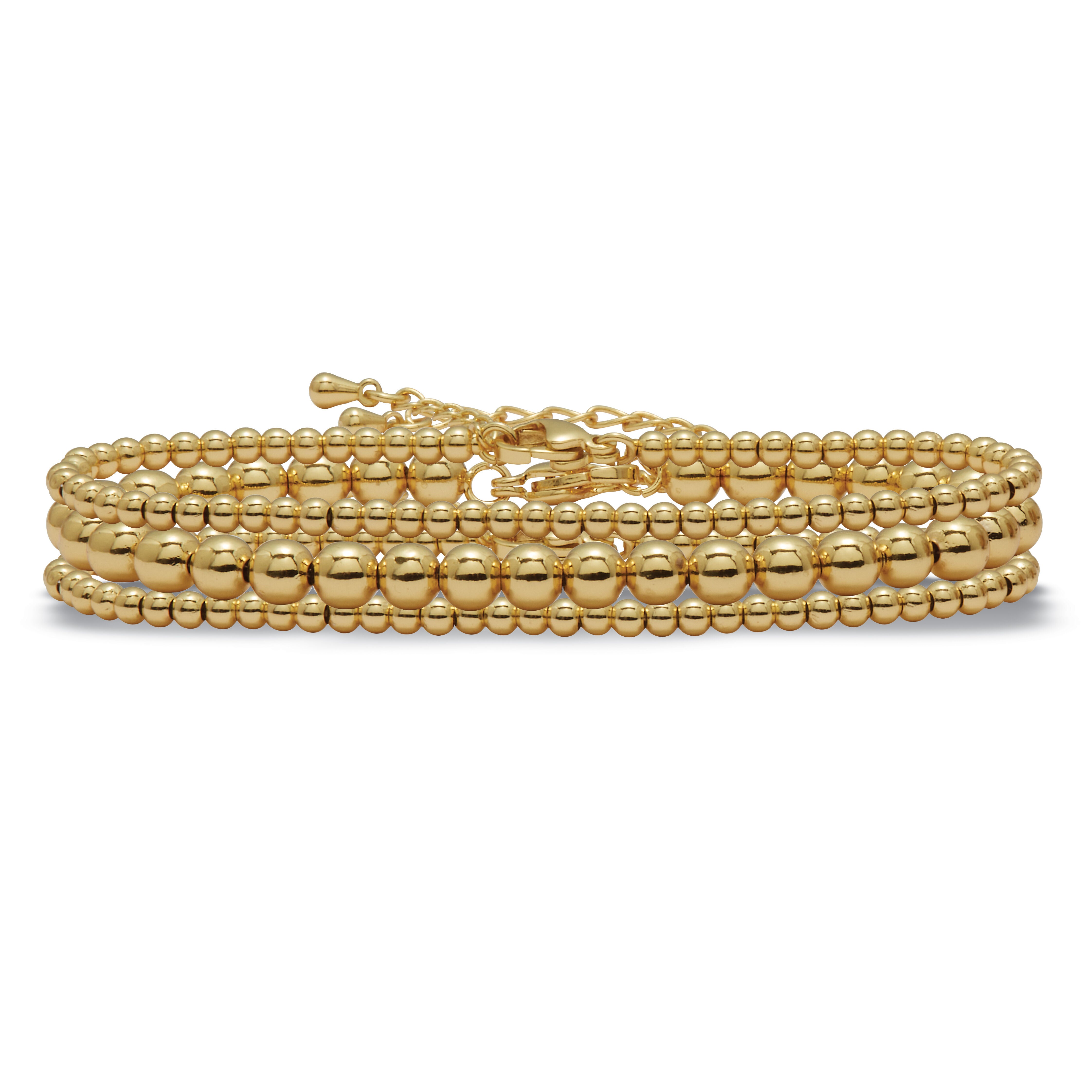 Goldtone Ball Bead Bracelets 7-inch length plus 2-inch extension, 3-Piece Set, GOLD, hi-res image number 0