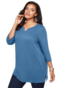 Plus Size Three-Quarter Sleeve Notch Neck Soft Knit Tunic