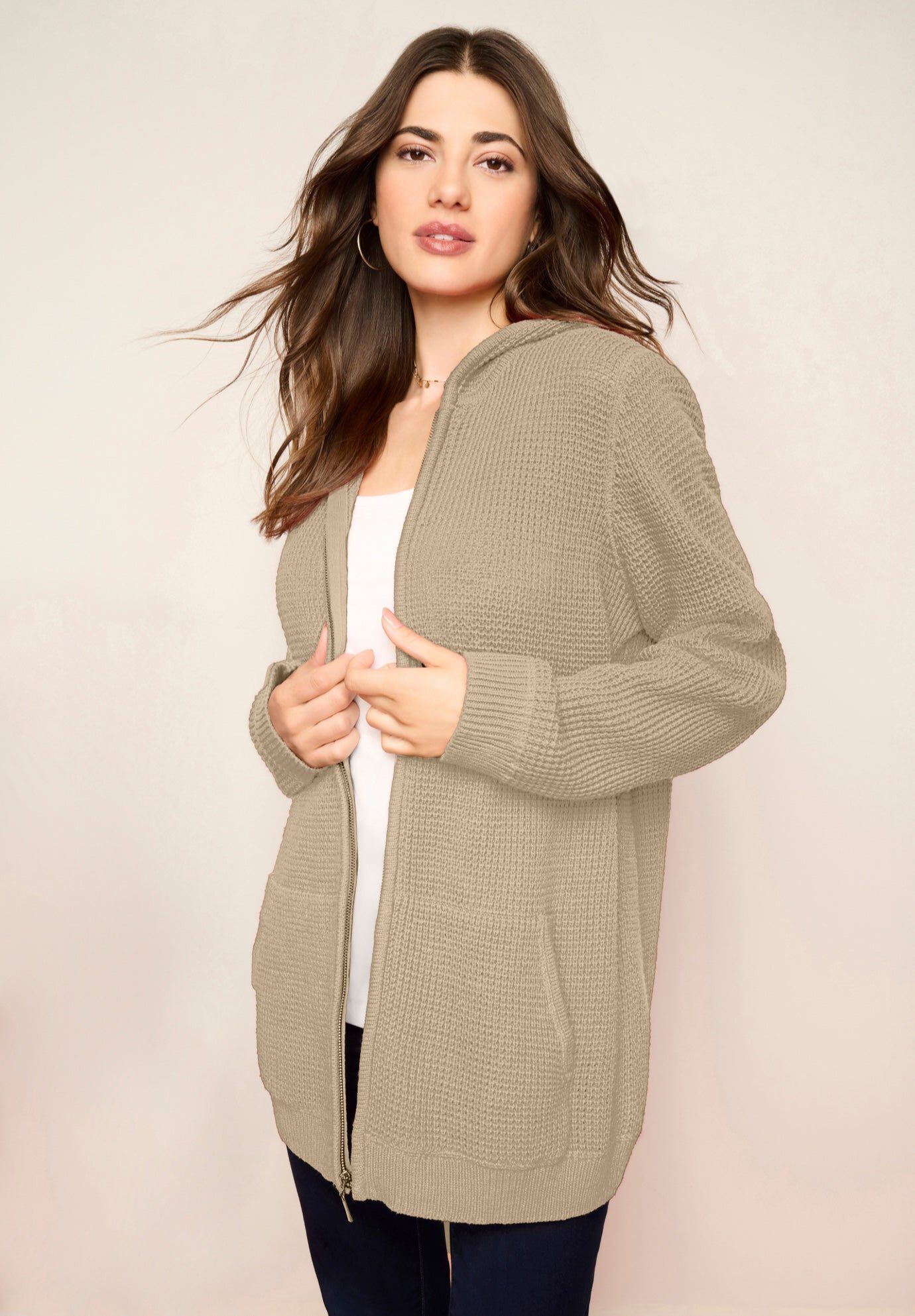 Plus Size Waffle Knit Zip-Front Relaxed Hoodie, SANDY BEIGE, hi-res image number 0
