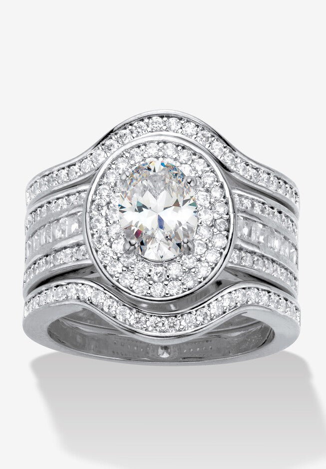 2.60 Cttw. Oval Cubic Zirconia Platinum-Plated Halo Scalloped Wedding Ring Set, SILVER, hi-res image number 0