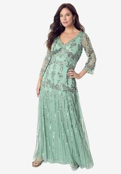 Plus Size Beaded V-Neck 3/4 Sleeve Sleeve Maxi Gown