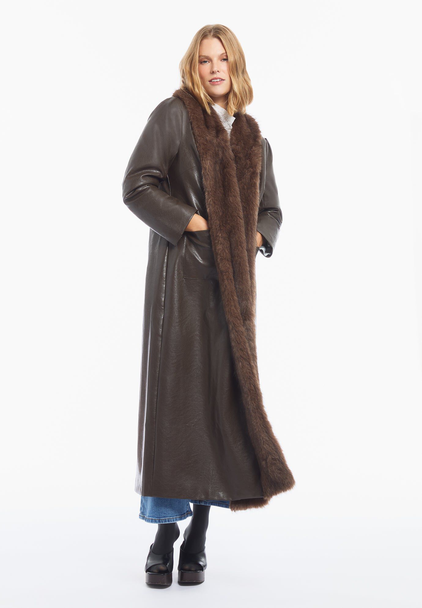 Faux Fur-Trim Faux Leather Coat