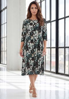 Plus Size 3/4 Sleeve Boatneck Swing Dress