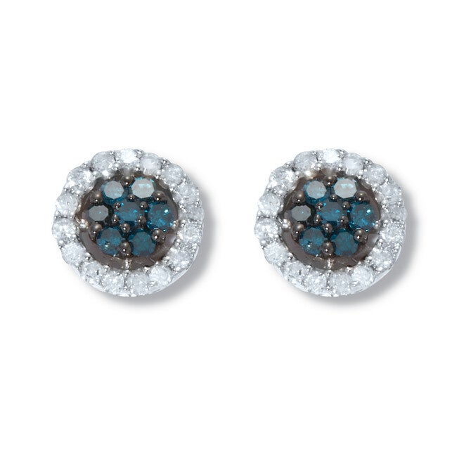 .49 TCW Blue Diamond Sterling Silver Halo Stud Earrings (3/10 inch), BLUE, hi-res image number 0