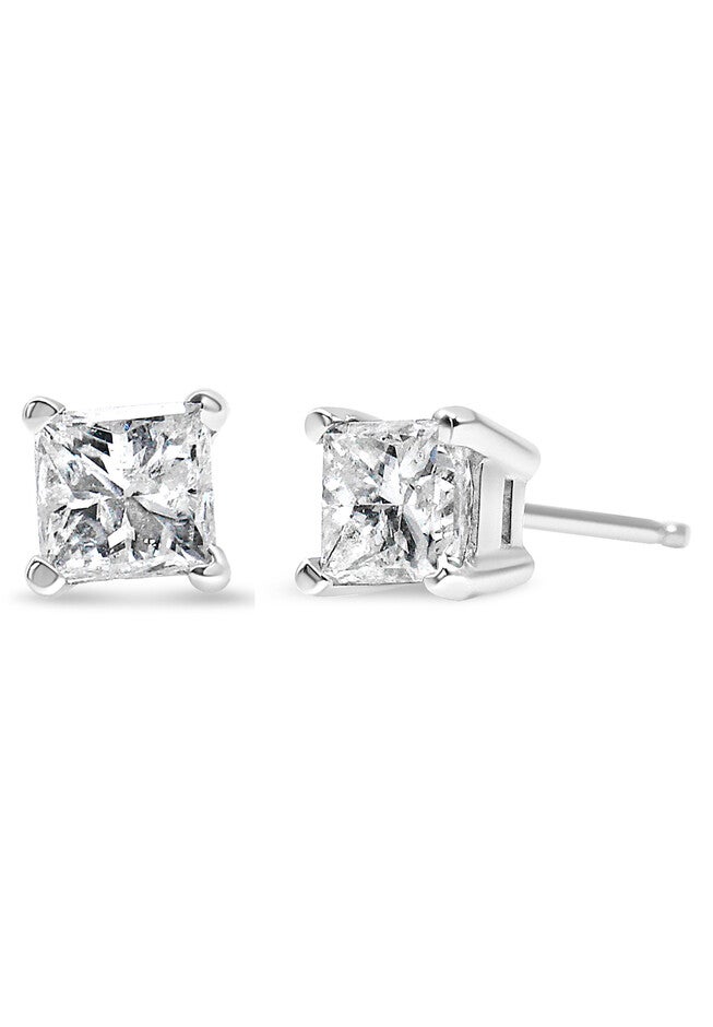 Princesscut Square Diamond 4Prong Solitaire Stud Earrings In White Gold (G-H Color), WHITE, hi-res image number 0