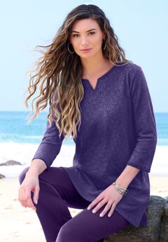 Plus Size Three-Quarter Sleeve Notch Neck Soft Knit Tunic