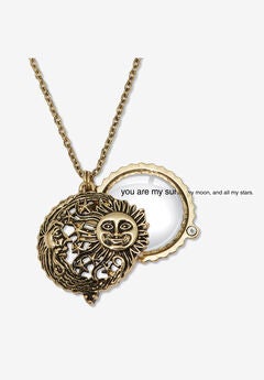 Antiqued Goldtone Sun Moon Stars Magnifying Glass Pendant Necklace 18-Inch