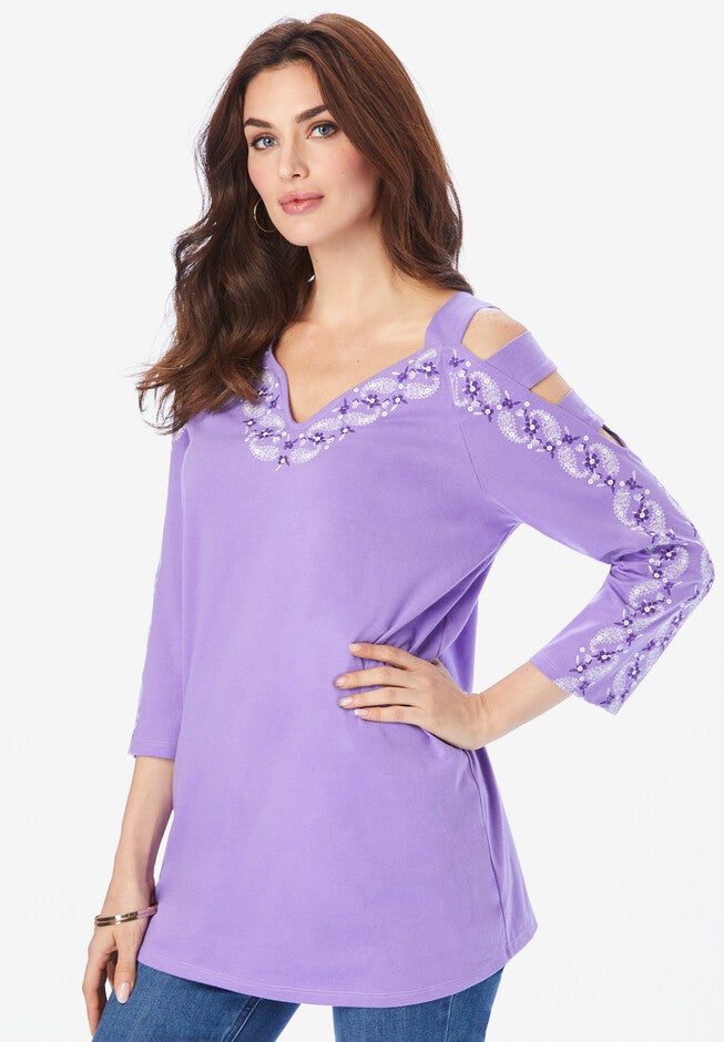 Embroidered Cold-Shoulder Top, LAVENDER PAISLEY PEARL, hi-res image number null