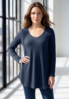 Plus Size Knit Thermal V Neck Swing Tunic – Long Sleeve