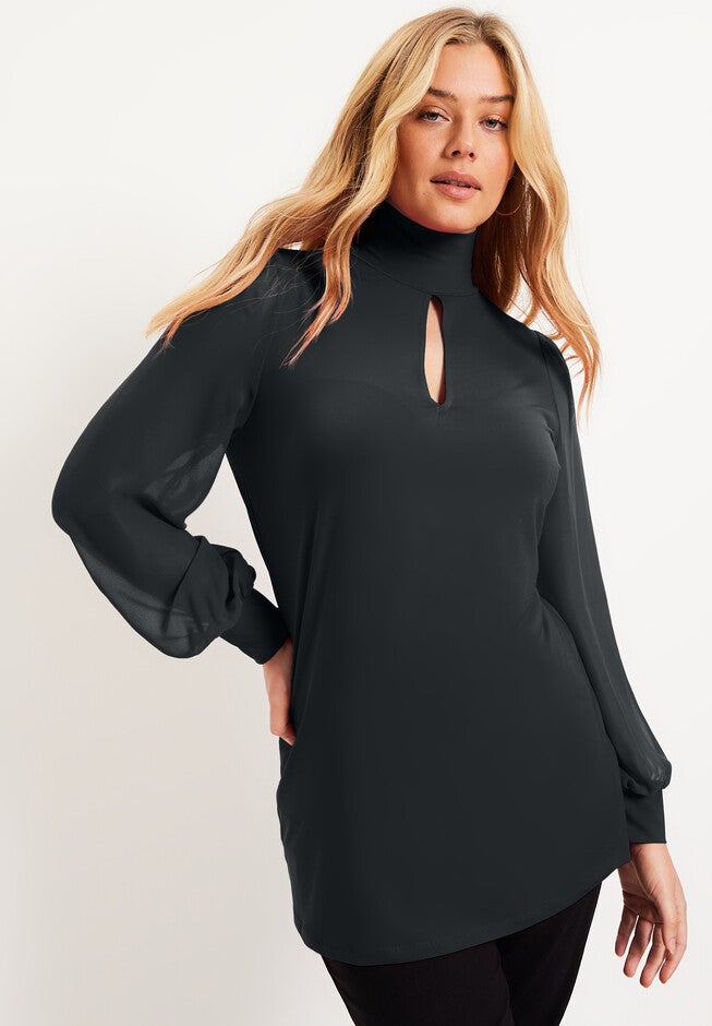 Sheer-Sleeve Mockneck Top, BLACK, hi-res image number null