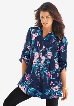 Plus Size Pintuck Tunic Blouse – Y-Neck & Roll-Tab Sleeves