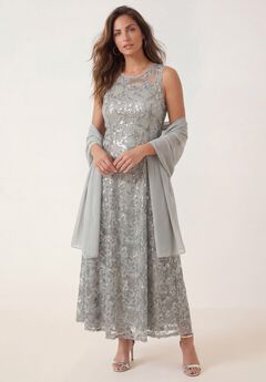 Plus-Size Allover Lace Embellished Shawl Gown