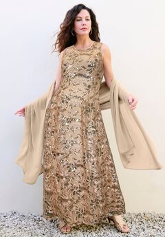 Plus-Size Allover Lace Embellished Shawl Gown