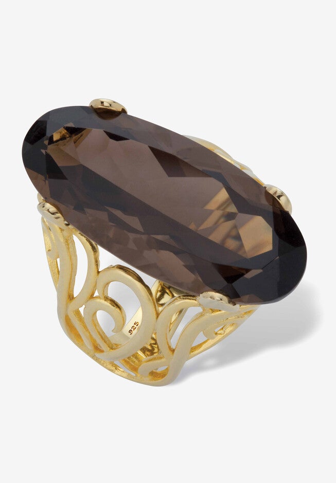 4 Cttw. Oval-Cut Genuine Smoky Topaz Gold-Plated Silver Scrolled Faceted Ring, , alternate image number null