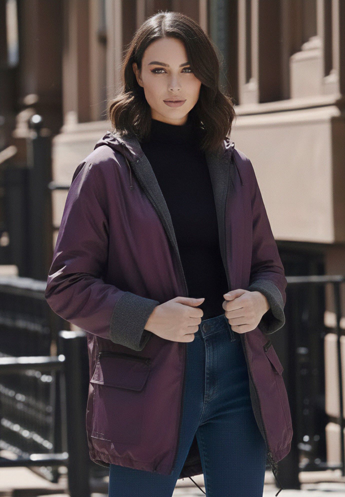 Plus Size Hooded Nylon Jacket, DARK BERRY, hi-res image number 0