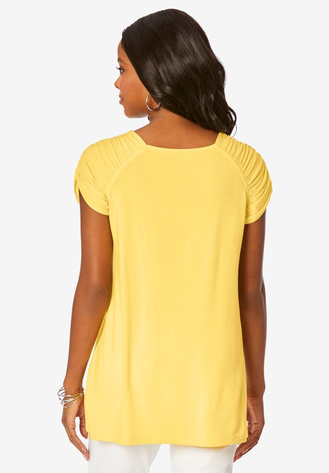Ruched Cap-Sleeve Ultra Femme Top., , on-hover image number null