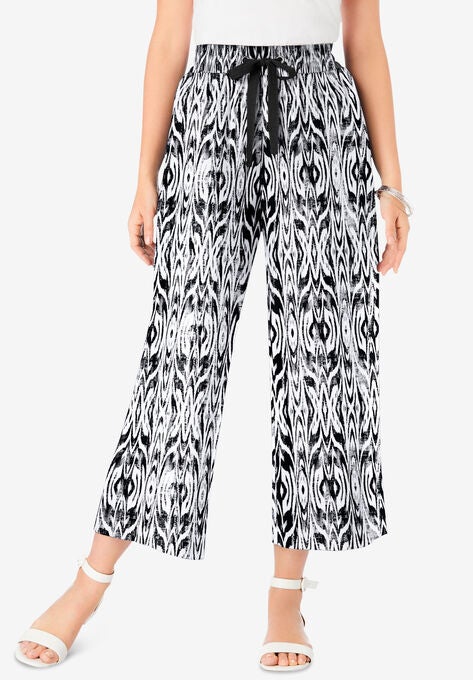 Linen Wide-Leg Crop Pant, BLACK MIRRORED IKAT, hi-res image number null