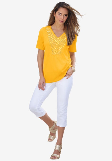 Embellished Sequin V-Neck Tee, SUNSET YELLOW, hi-res image number null