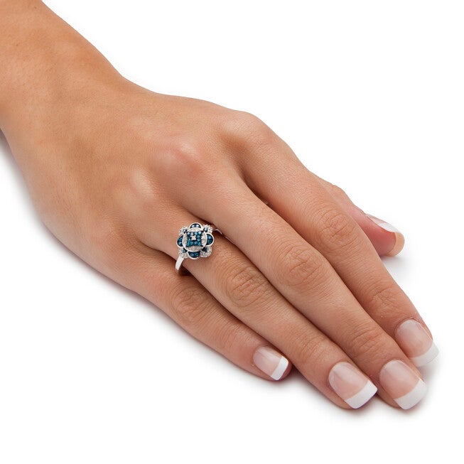 1/5 TCW Enhanced Blue and White Diamond Platinum-plated Silver Cocktail Ring, WHITE, alternate image number 2