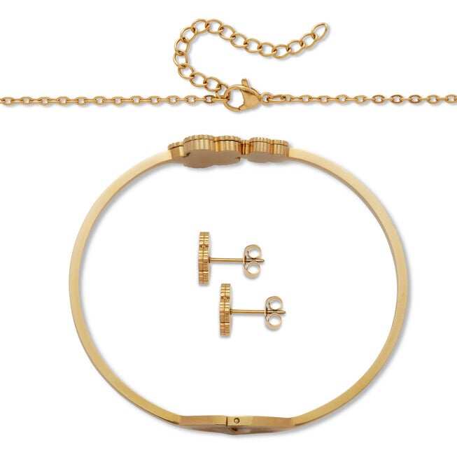 Genuine Green Malachite Gold Ion-Plated Stainless Steel Clover Jewelry Set, GREEN, on-hover image number 1