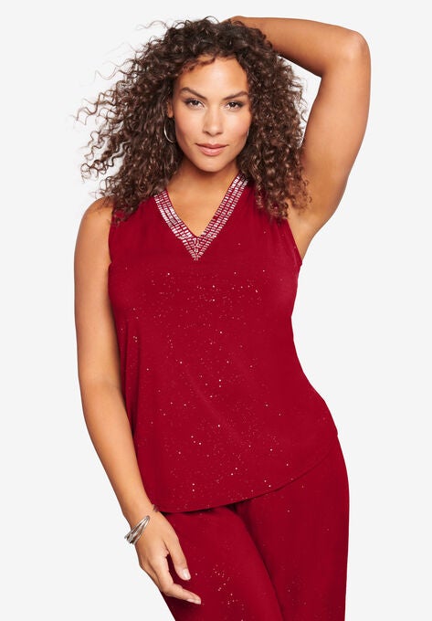 Embellished V-Neck Ultrasmooth® Fabric Top, RICH BURGUNDY SPARKLE, hi-res image number null