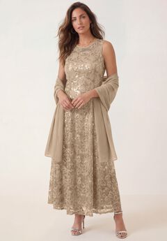 Plus-Size Allover Lace Embellished Shawl Gown