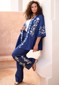 Plus Size Embroidered Pull-On Wide-Leg Chambray Pant