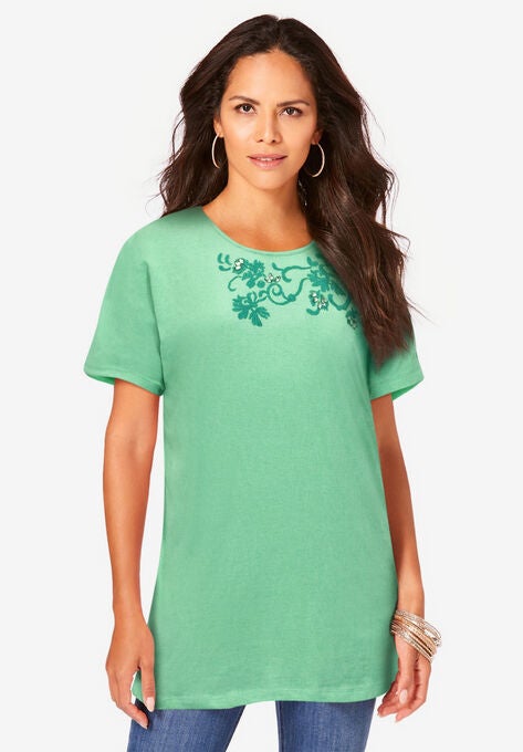 Embellished Tunic with Side Slits, MINT VINE EMBELLISHMENT, hi-res image number null