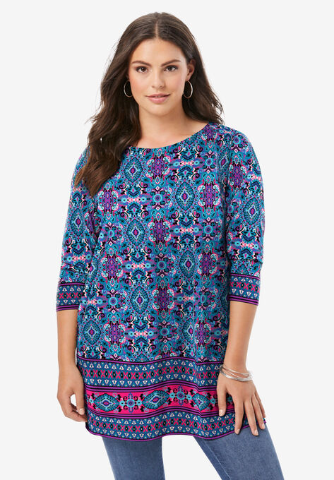 Ultrasmooth® Fabric Crewneck Printed Tunic, NAVY MEDALLION BOARDER, hi-res image number null