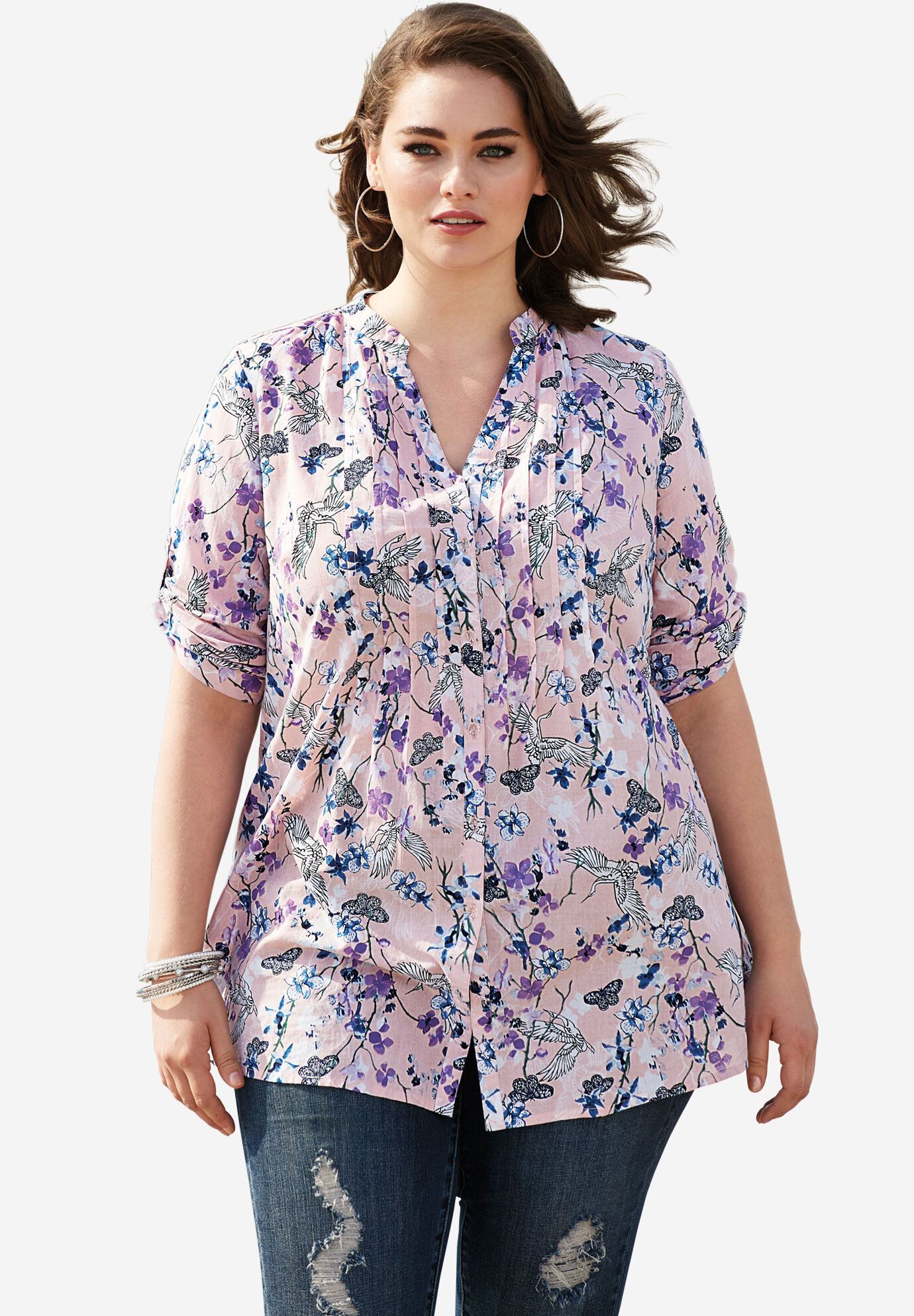 Fashionable English Floral Tunic with Pintucks | Roaman's