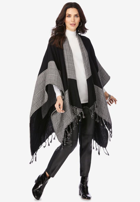 Plaid Ruana Shawl, BLACK IVORY HOUNDSTOOTH, hi-res image number null