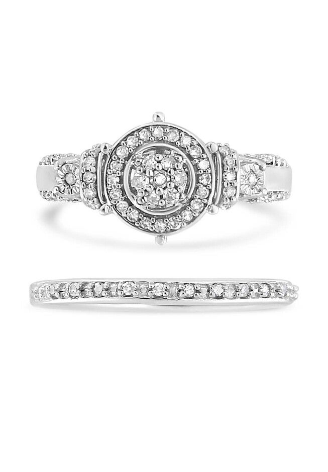 Silver 1/3 Cttw Diamond 7 Stone Cluster And Halo Engagement Set, , on-hover image number 1