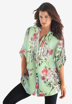 Plus Size Floral Y-Neck Pintuck Tunic – Adjustable Long Sleeve Button-Front, Relaxed Shirt Style