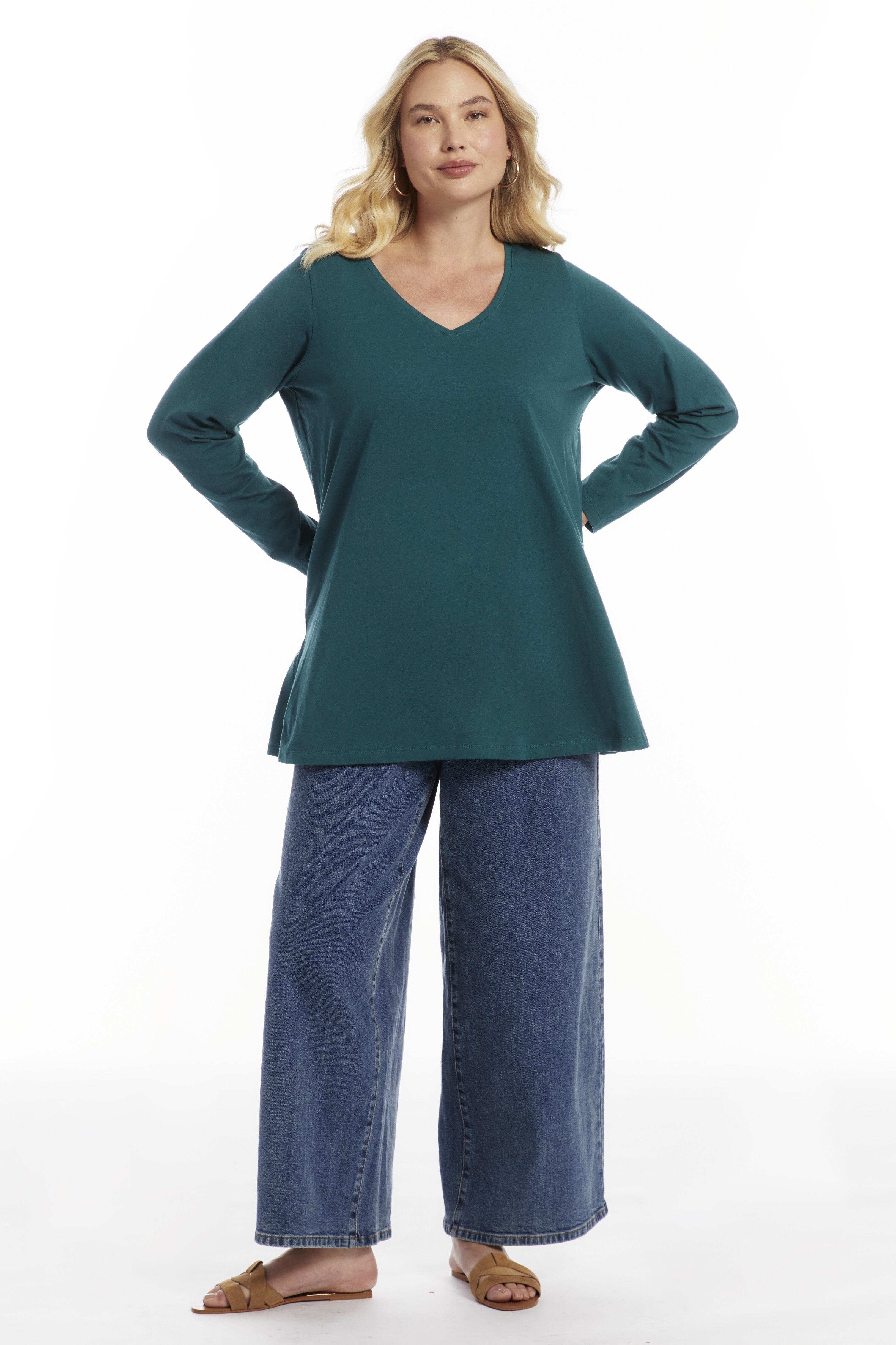 Long-Sleeve V-Neck One + Only Tunic, GREEN HERON, hi-res image number 0